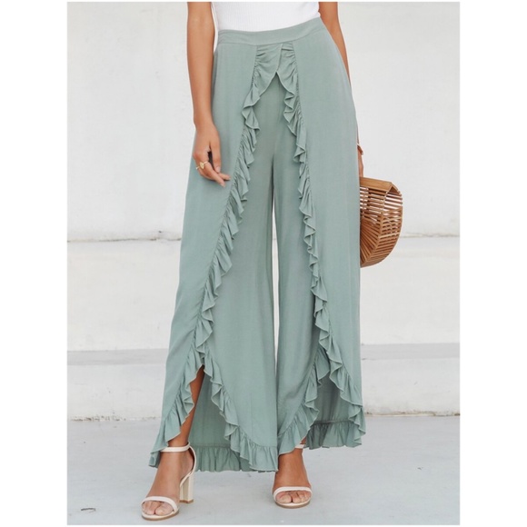Boho sage ruffle detail slit palazzo pants Lounge - Picture 2 of 8